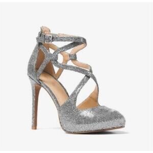 Michael Kors Catia Sparkling Silver Glitter Chain Mesh High Heel Pump Size 10